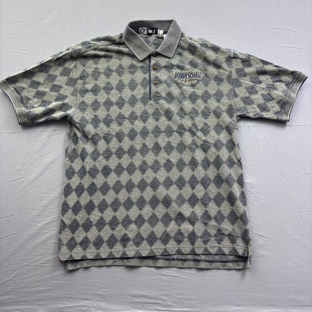 OnTour Mens Donny Schatz Racing Argyle Polo Shirt Grey XL Short Sleeve Cotton